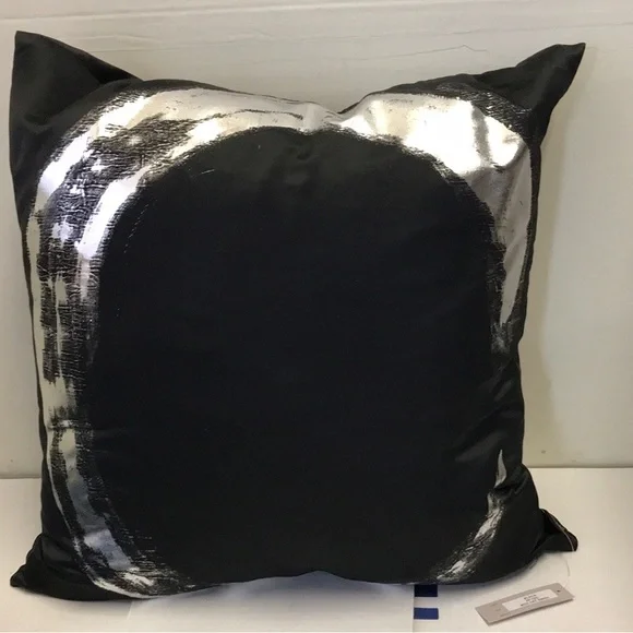 Aviva Stanoff Mod Art Swish Black Satin Silver Stroke Monogram C Toss Pillow